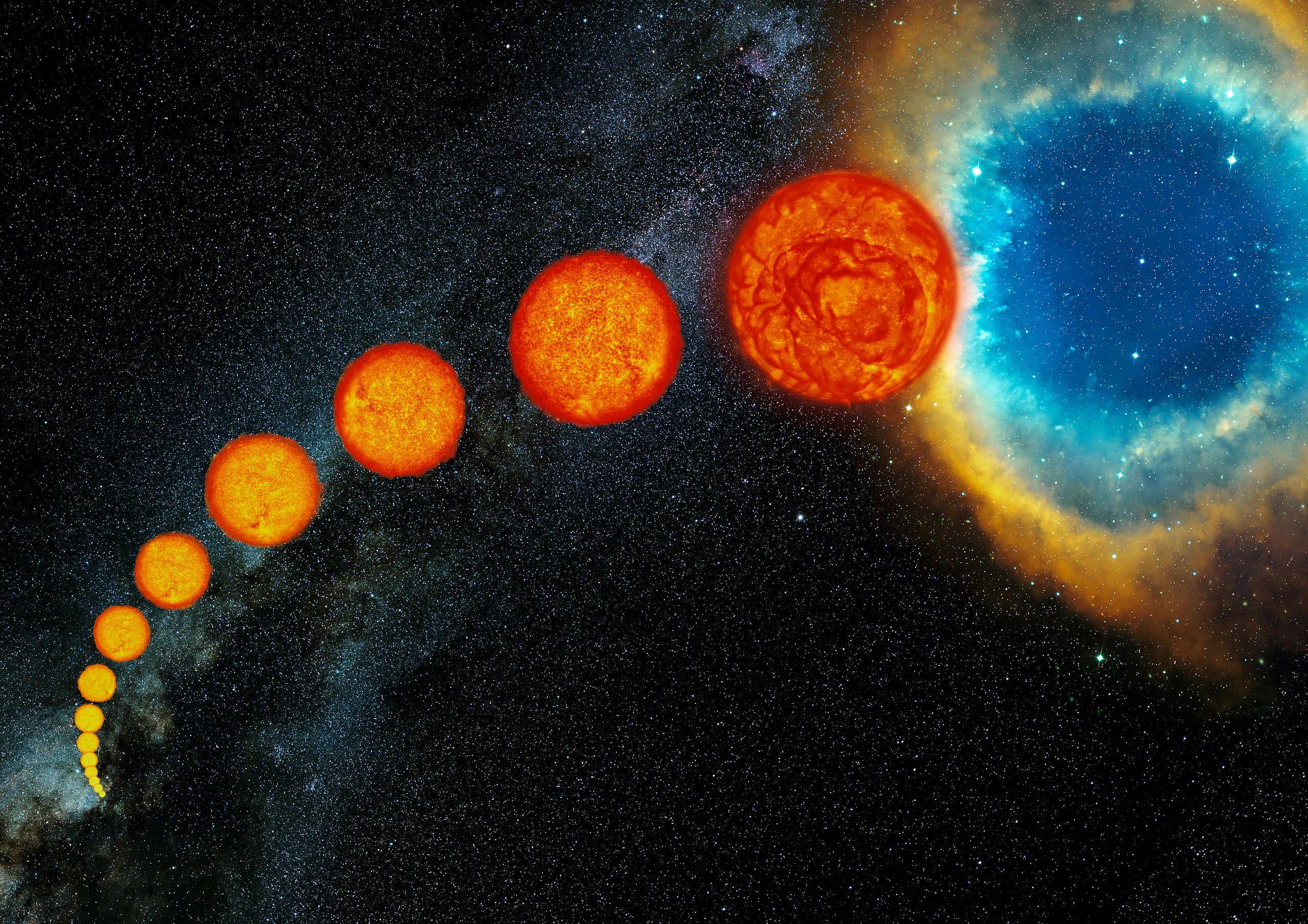 An illustration showing a bunch of stars getting progressively bigger lead to a planetary nebula, on the right.