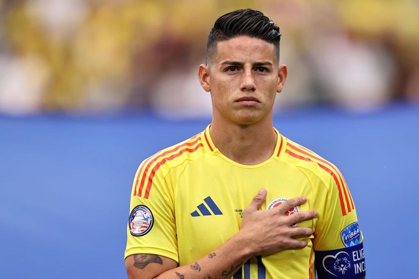 James Rodriguez of Colombia sing the national anthem prior to the CONMEBOL Copa America 2024 quarter-final match between Colombia and Panama at State Farm Stadium on July 06, 2024 in Glendale, Arizona. (Photo by Omar Vega/Getty Images)