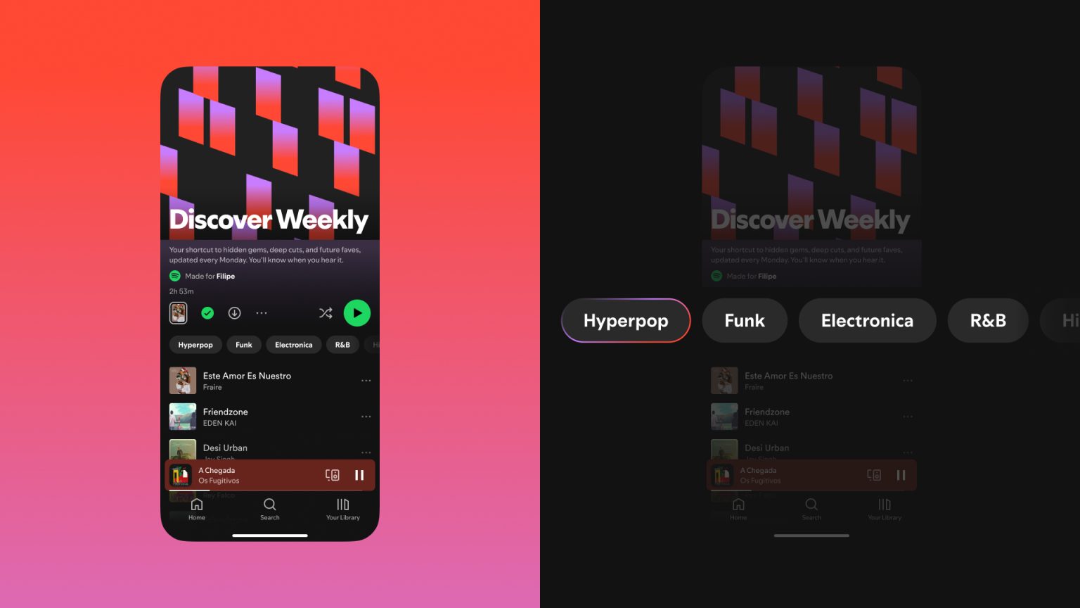 The left half of the image shows a screenshot of a mobile phone with the Spotify app running, while the right half is a close-up of four genre controls: hyperpop, funk, electronica and R&B.