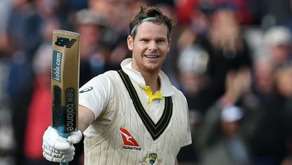 Australia’s Steve Smith celebrates after reaching 200 in the fourth Ashes Test