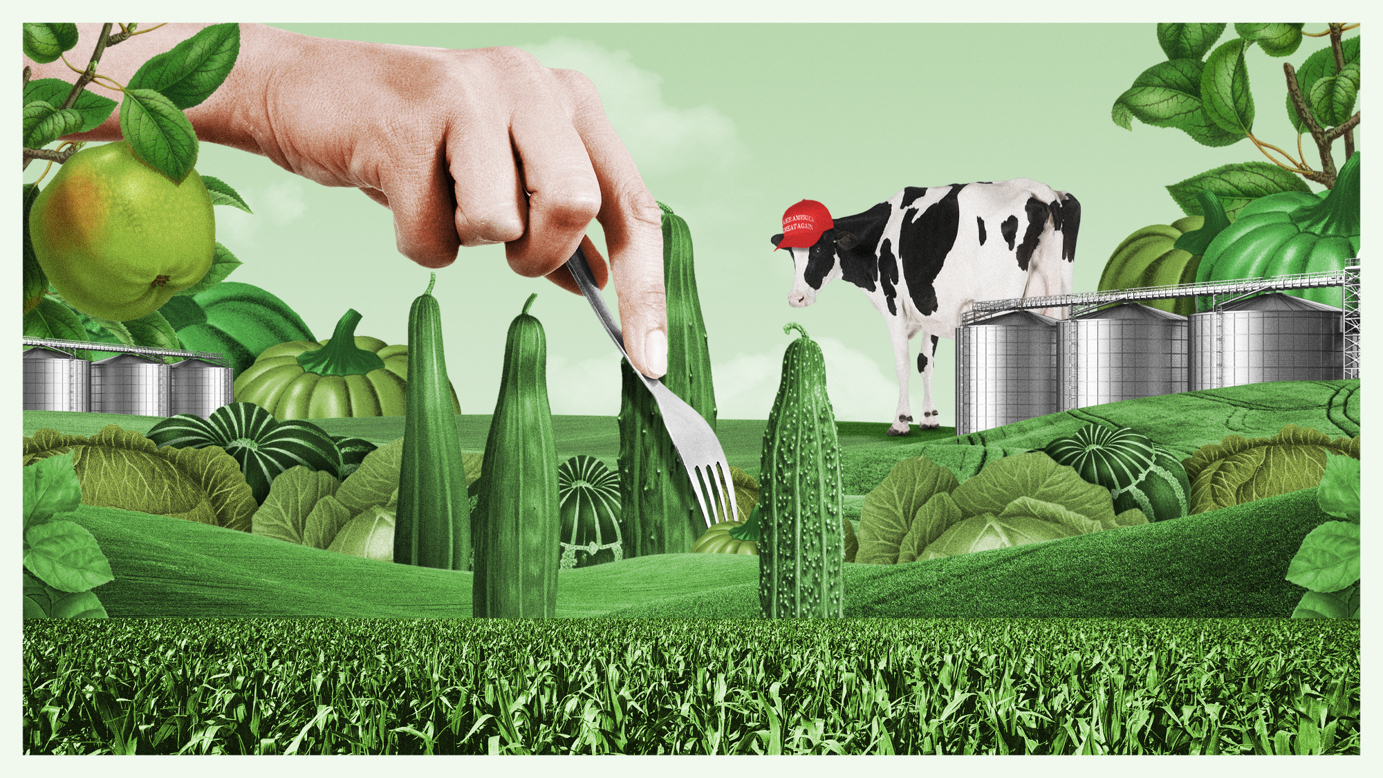 Illustration of fields surrounded by crops, grain silos, milk cows and a hand with a fork