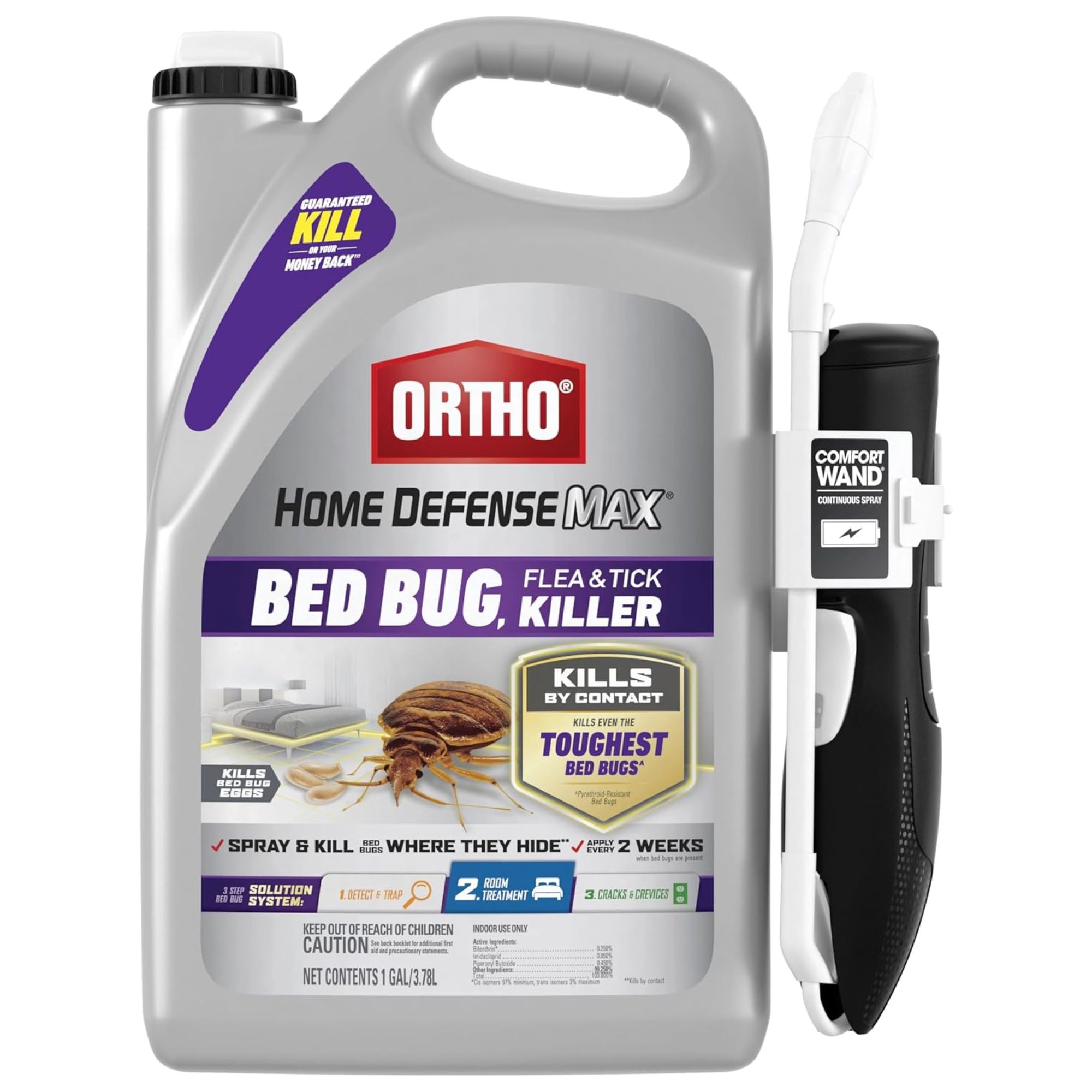 A silver bottle of bed bug killer