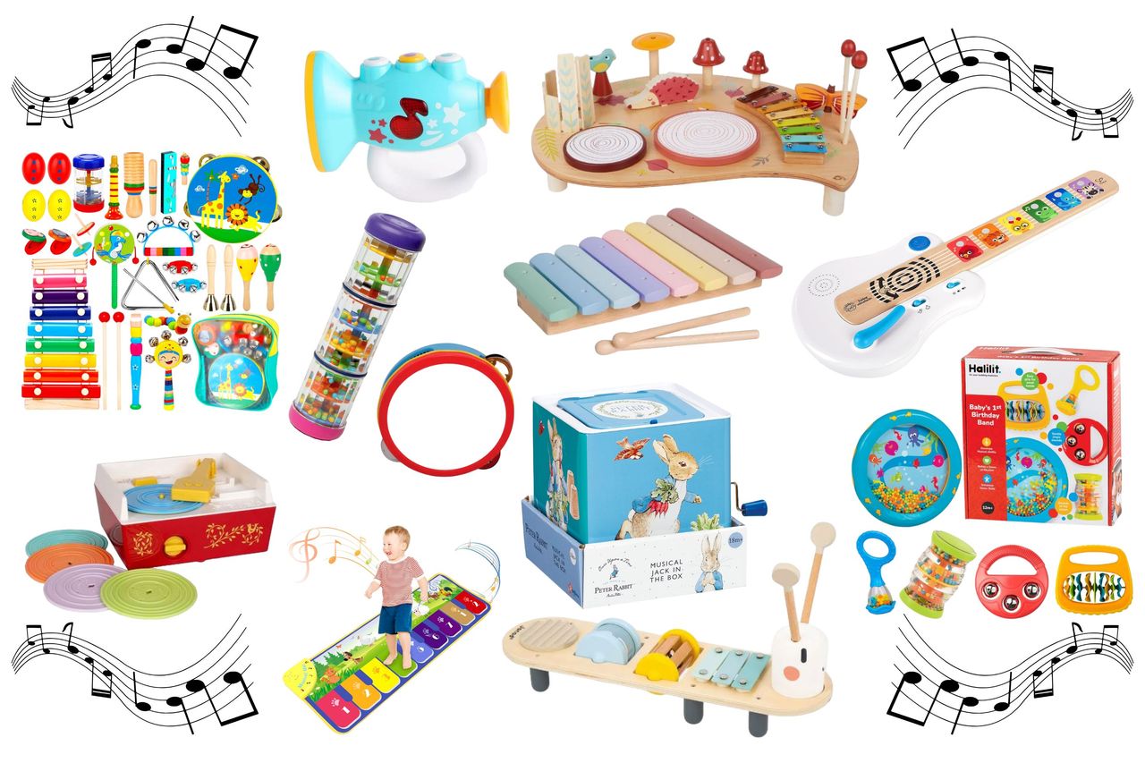 Collage showing a range of musical toys for babies and toddlers