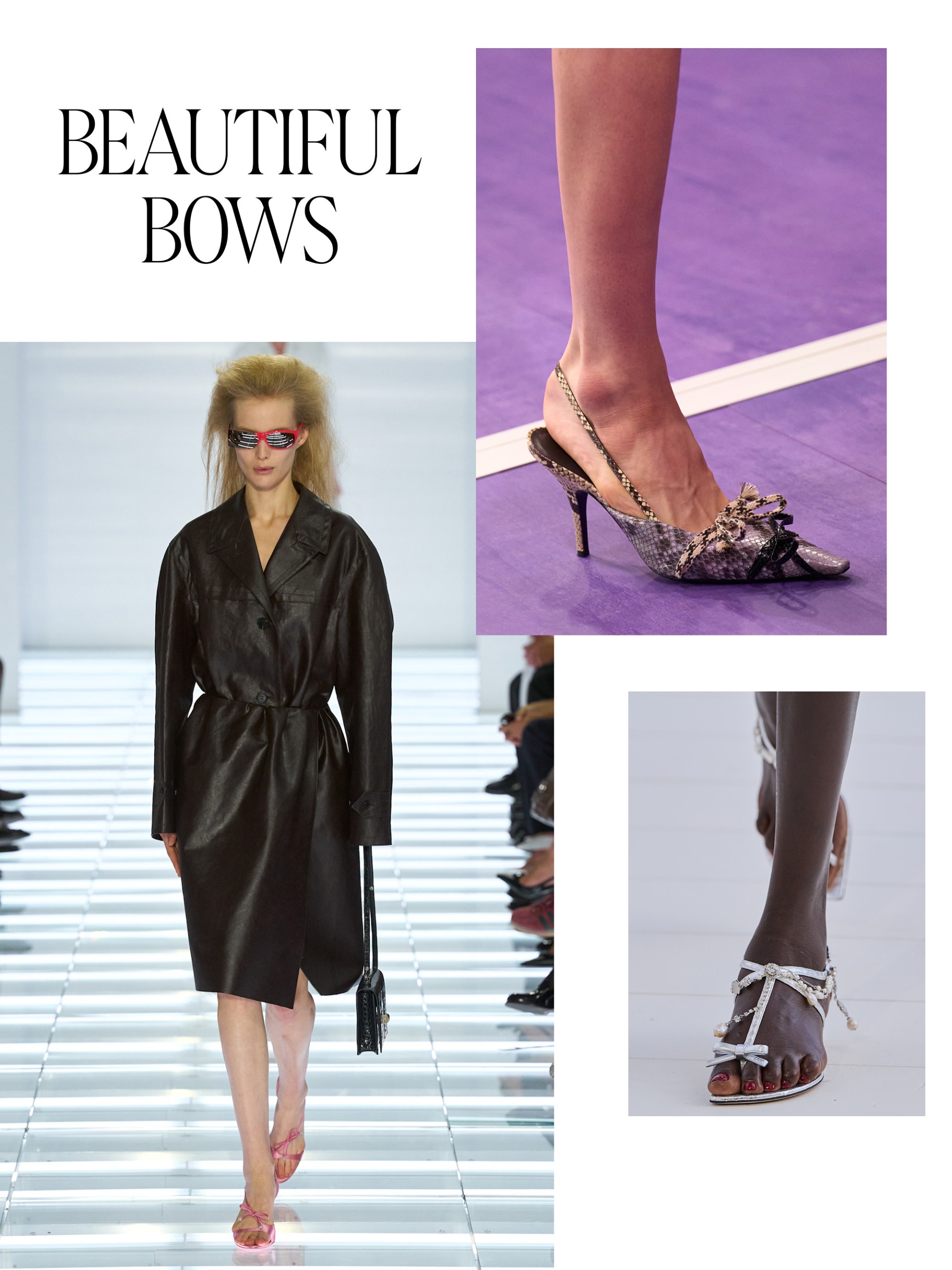 a collage of detail and full look runway images from the spring/summer 2027 collections featuring the major shoe trends