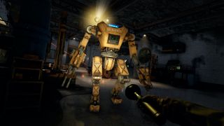 Big yellow mech in a screenshot from Atomfall