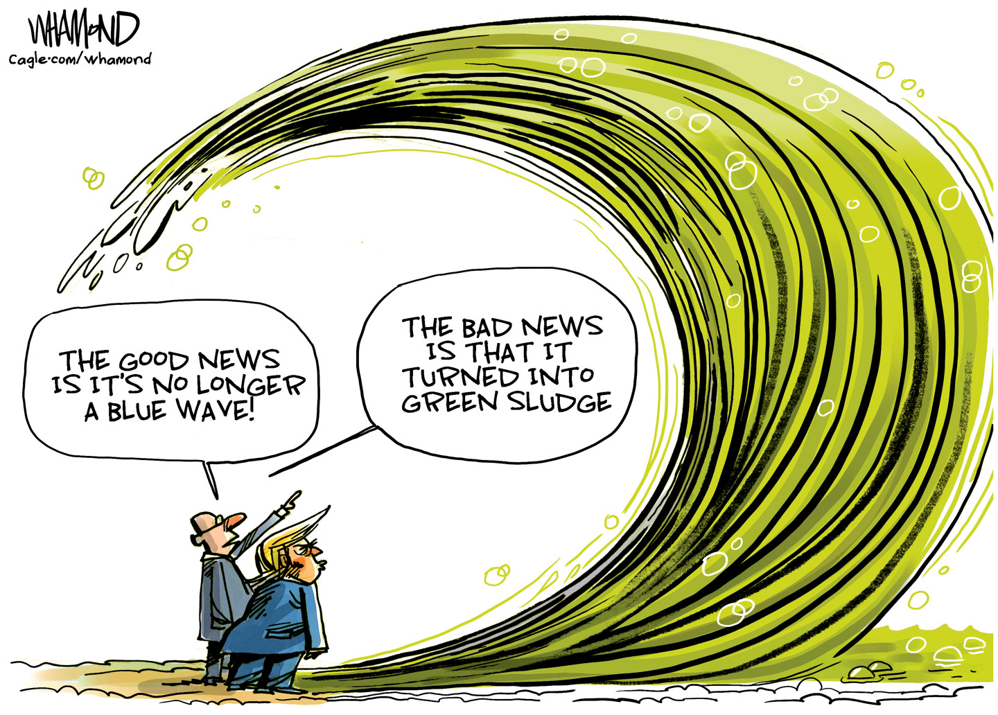 Donald Trump and an advisor stand next to a large wave. The advisor says, &amp;ldquo;The good news is it&amp;rsquo;s no longer a blue wave! The bad news is that it turned into green sludge.&amp;rdquo;