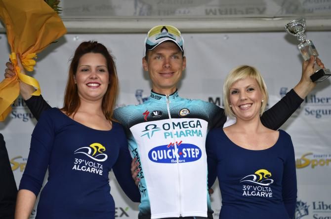 Tony Martin (Omega Pharma-Quick Step) on the podium for winning the final stage at the Volta ao Algarve.