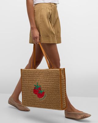 Logo Embroidered Straw Tote Bag