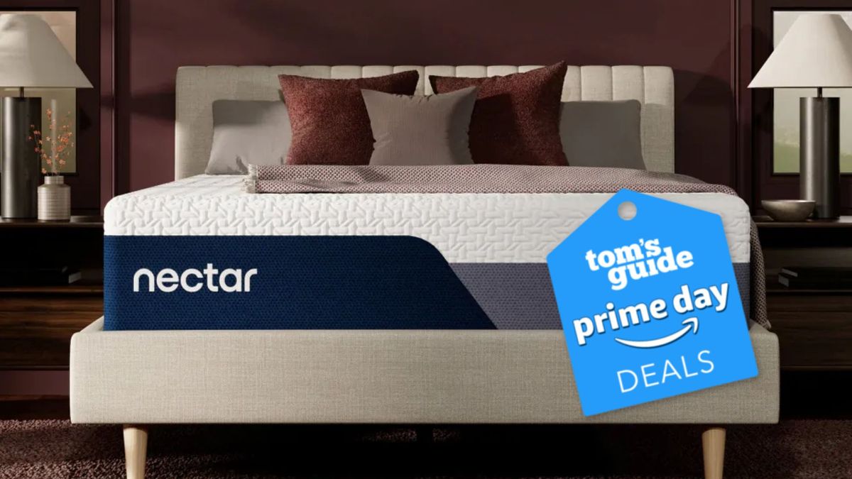 The image shows the Nectar Luxe Memory Foam Mattress with a Tom&#039;s Guide Prime Day deal badge laid over the top