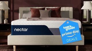 The image shows the Nectar Luxe Memory Foam Mattress with a Tom's Guide Prime Day deal badge laid over the top