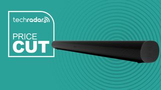 Sonos Arc soundbar in black on teal background with &quot;Price Cut&quot; text and TechRadar logo