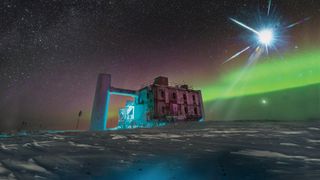 In this artistic rendering, based on a real image of the IceCube Lab at the South Pole, a distant source emits neutrinos that are detected below the ice by IceCube sensors, called DOMs.