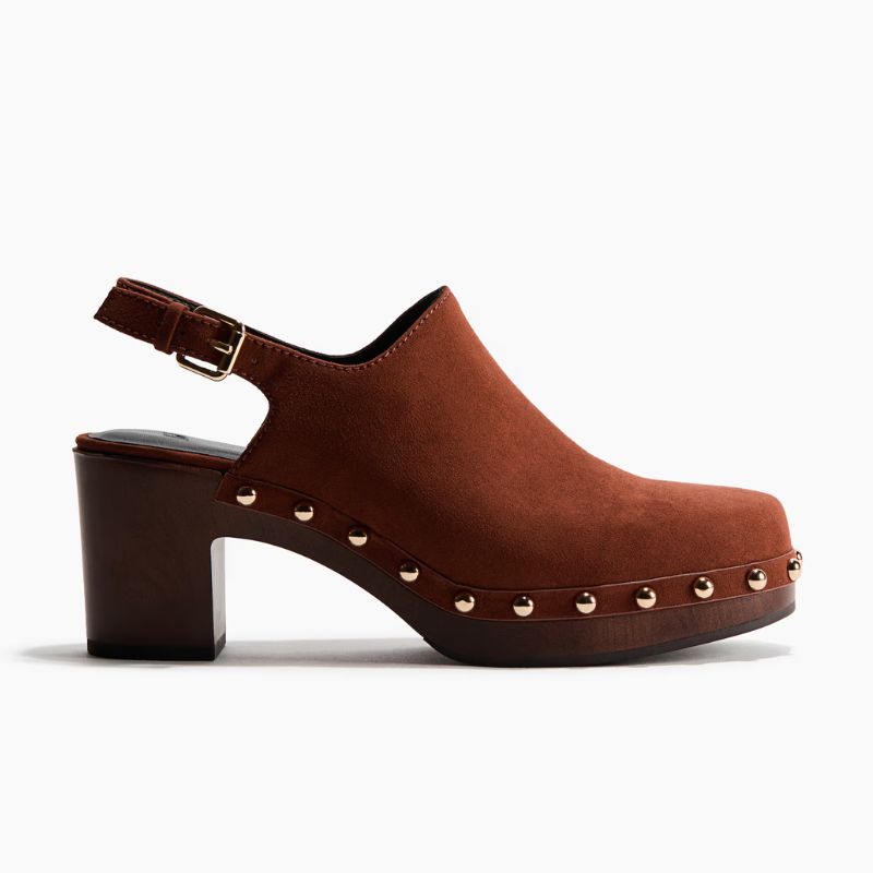 heeled clogs in brown suede