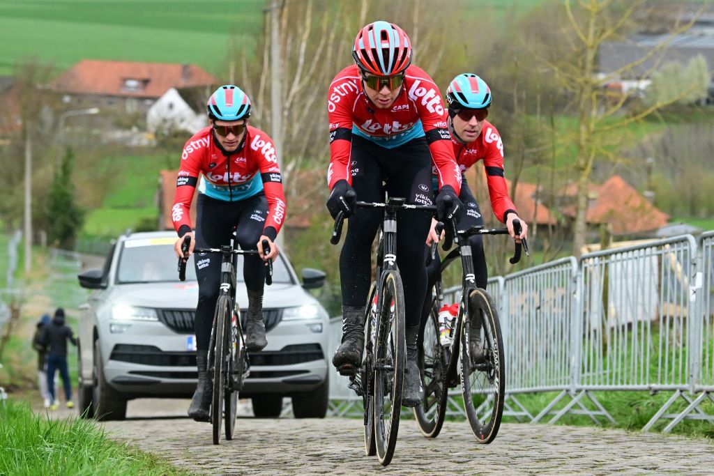 From L Belgiums Brent Van Moer Florian Vermeersch and Frederik Frison of LottoDstny ride on the Paterberg during preparations of several teams on the track ahead of the Tour of Flanders cycling race in Oudenaarde on March 31 2023 The 107th edition of the cycling race will take place on April 2 2023 Photo by DIRK WAEM Belga AFP Belgium OUT Photo by DIRK WAEMBelgaAFP via Getty Images