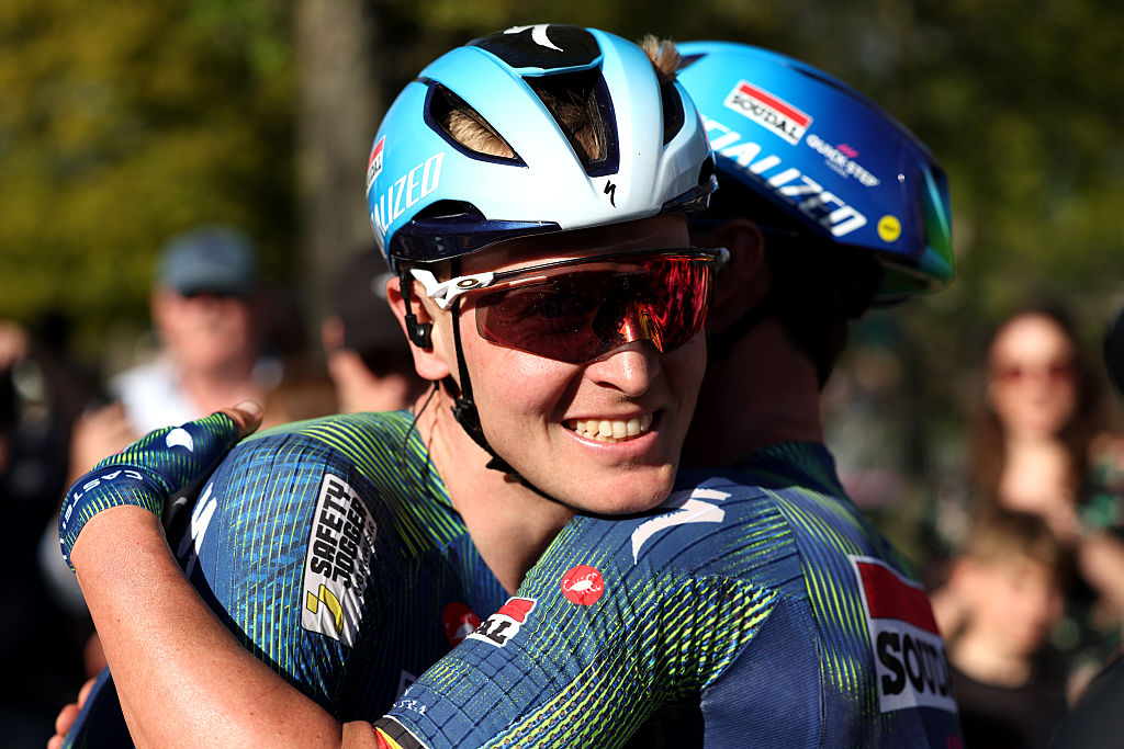 Tim Merlier of Belgium and Team Soudal Quick-Step celebrates after winning the 114th Scheldeprijs