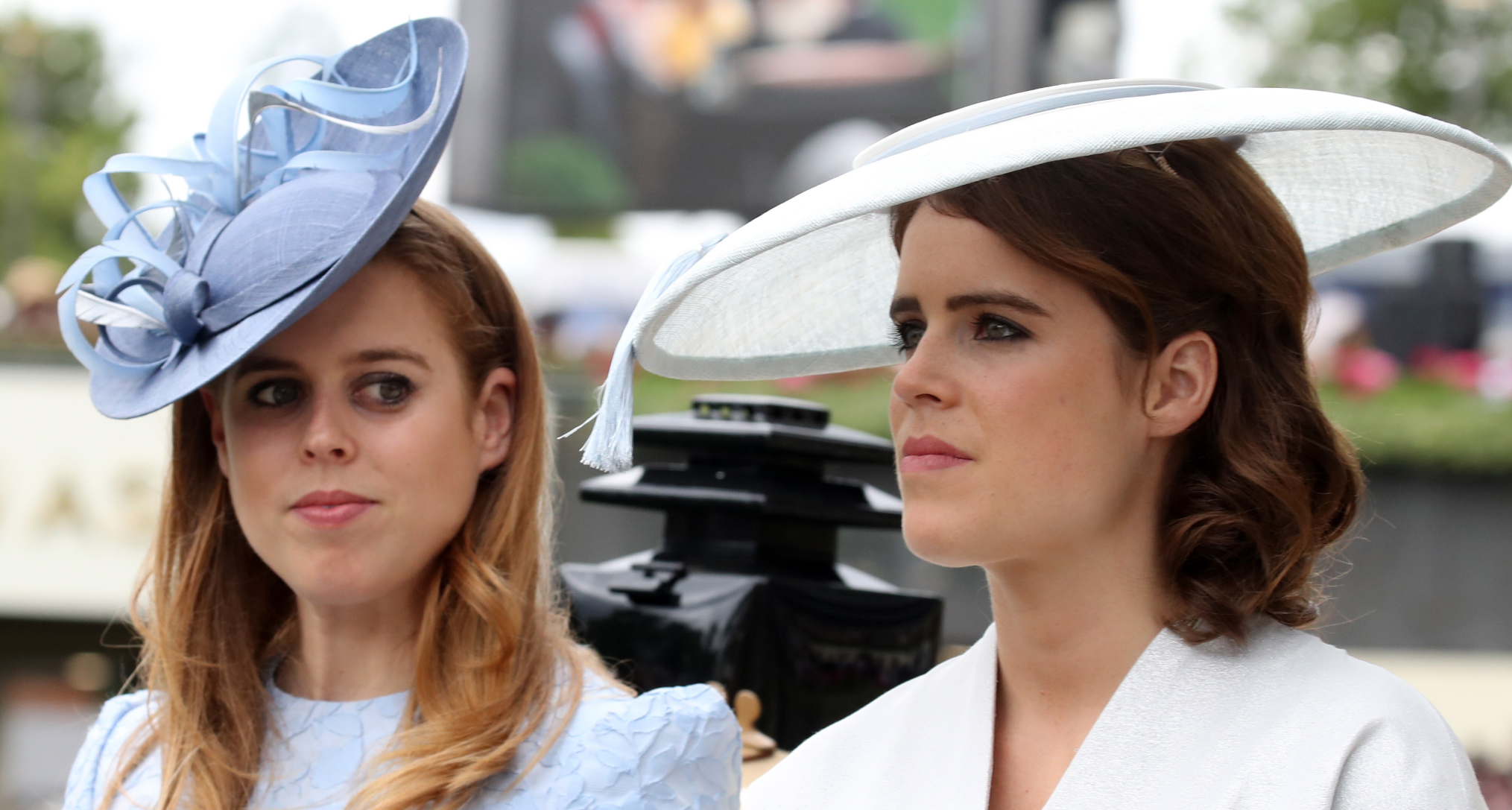 Princess Beatrice and Princess Eugenie riding in a carriage with big hats at Ascot