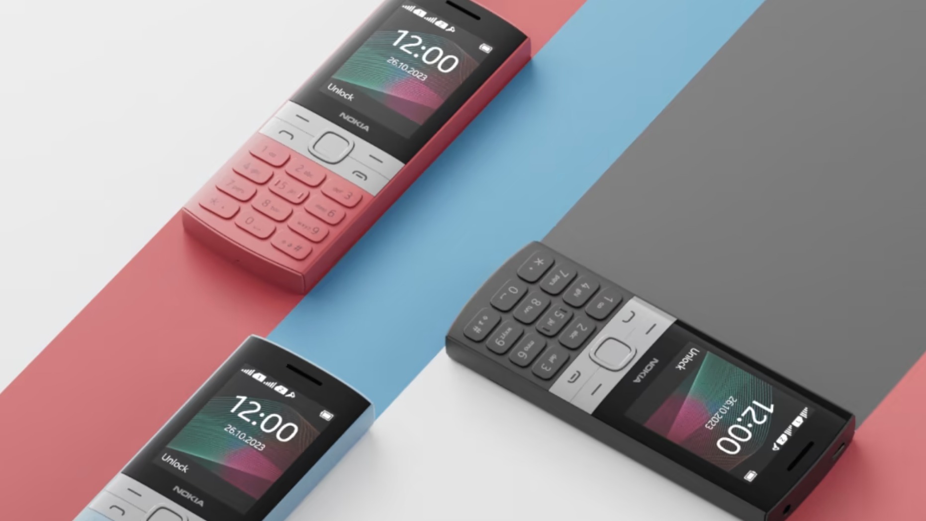 Nokia 150 in three different colorways, on beige background