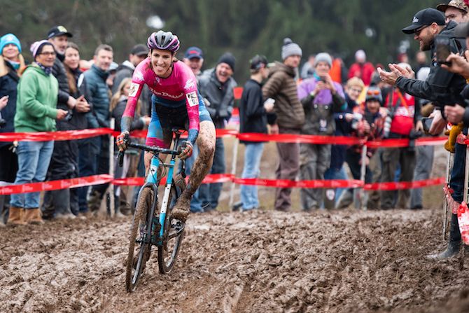Sunny Gilbert rides a slippery descent
