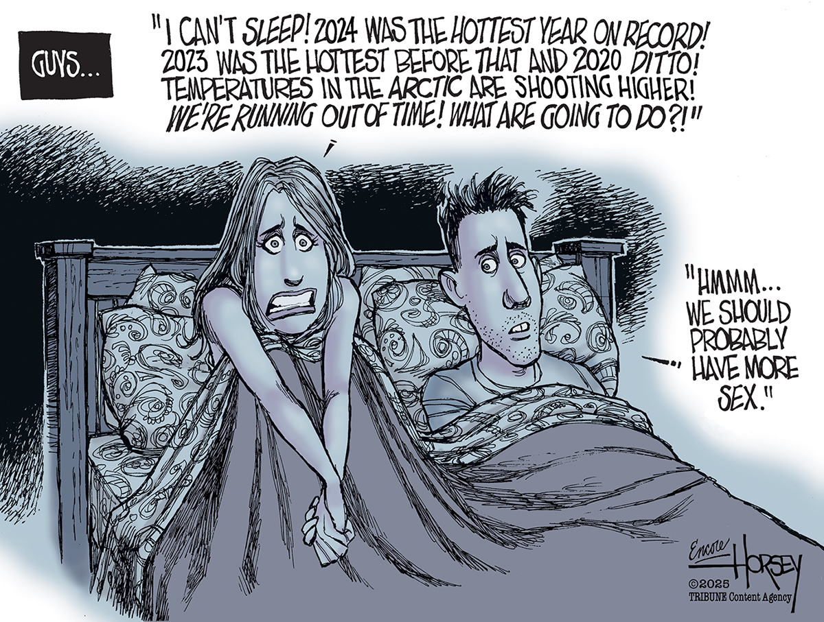 This cartoon is titled “Guys”. It shows a young adult man and young adult woman in bed. The woman says, “I can’t sleep! 2024 was the hottest year on record! 2023 was the hottest before that and 2020 ditto! Temperatures in the Arctic are shooting higher! We’re running out of time! What are going to do?” The man responds, “Hmmm. We should probably have more sex.”