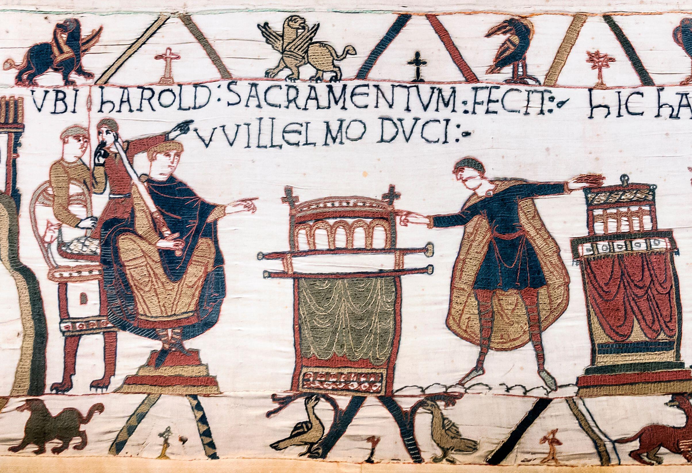 Detail of the Bayeux tapestry, showingHarold swearing oath on holy relics to William, Duke of Normandy
