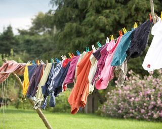 Washing on a domestic clothes line in ourdoors in a garden