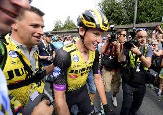 Mike Teunissen, moments after claiming the first yellow jersey of the 2019 Tour de France.