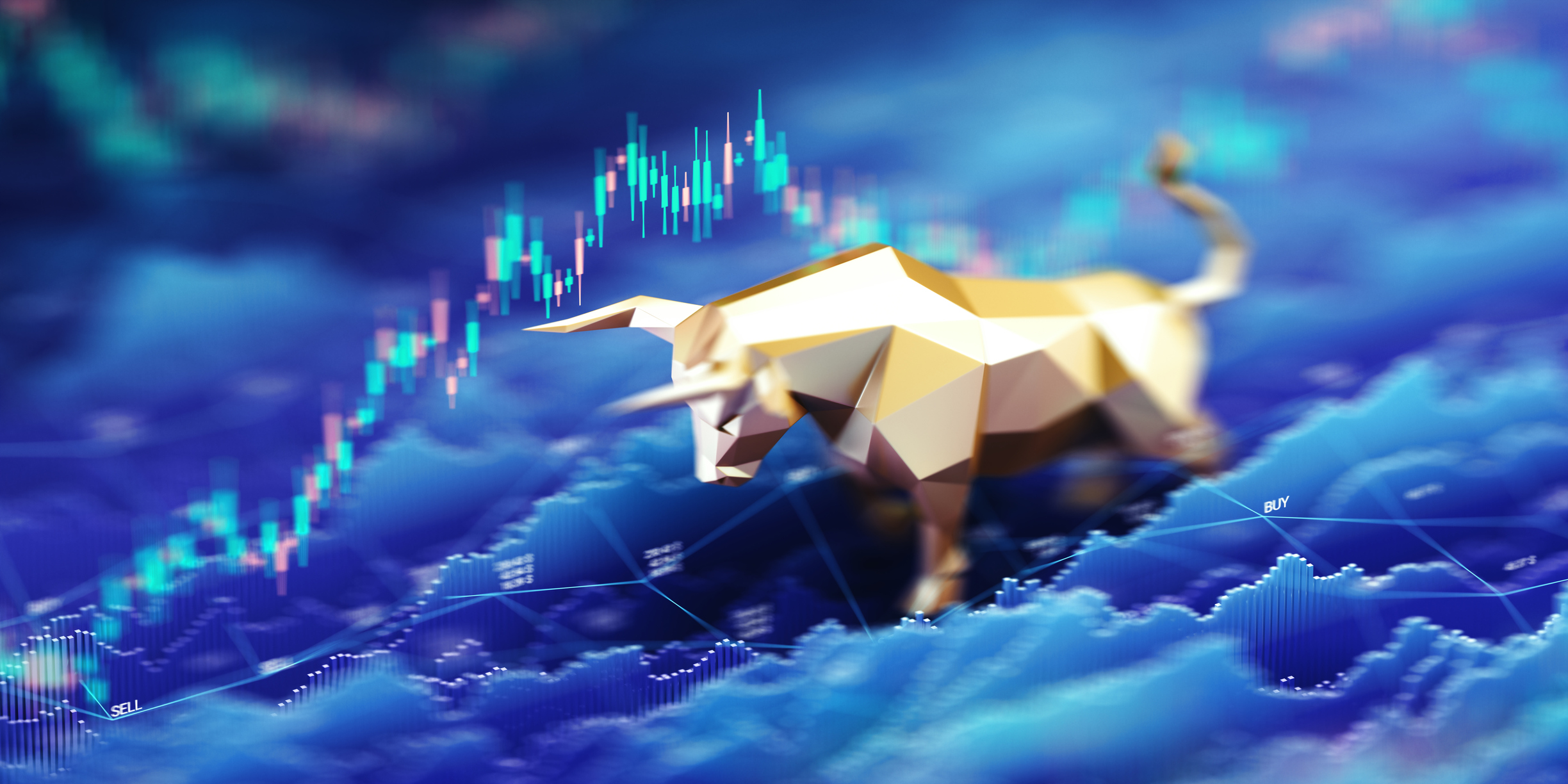 golden bull rising stock market charts and graphs