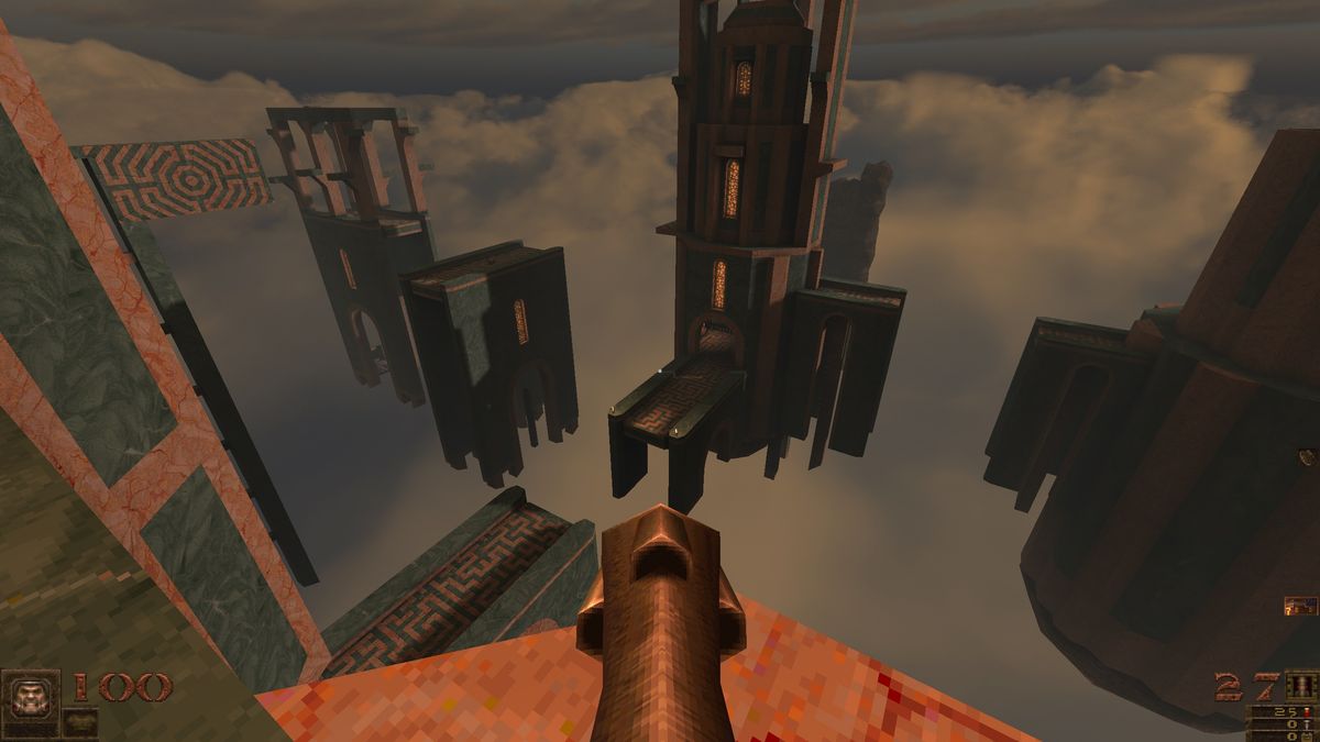 Looking down at ruins floating in grey void rendered in Quake