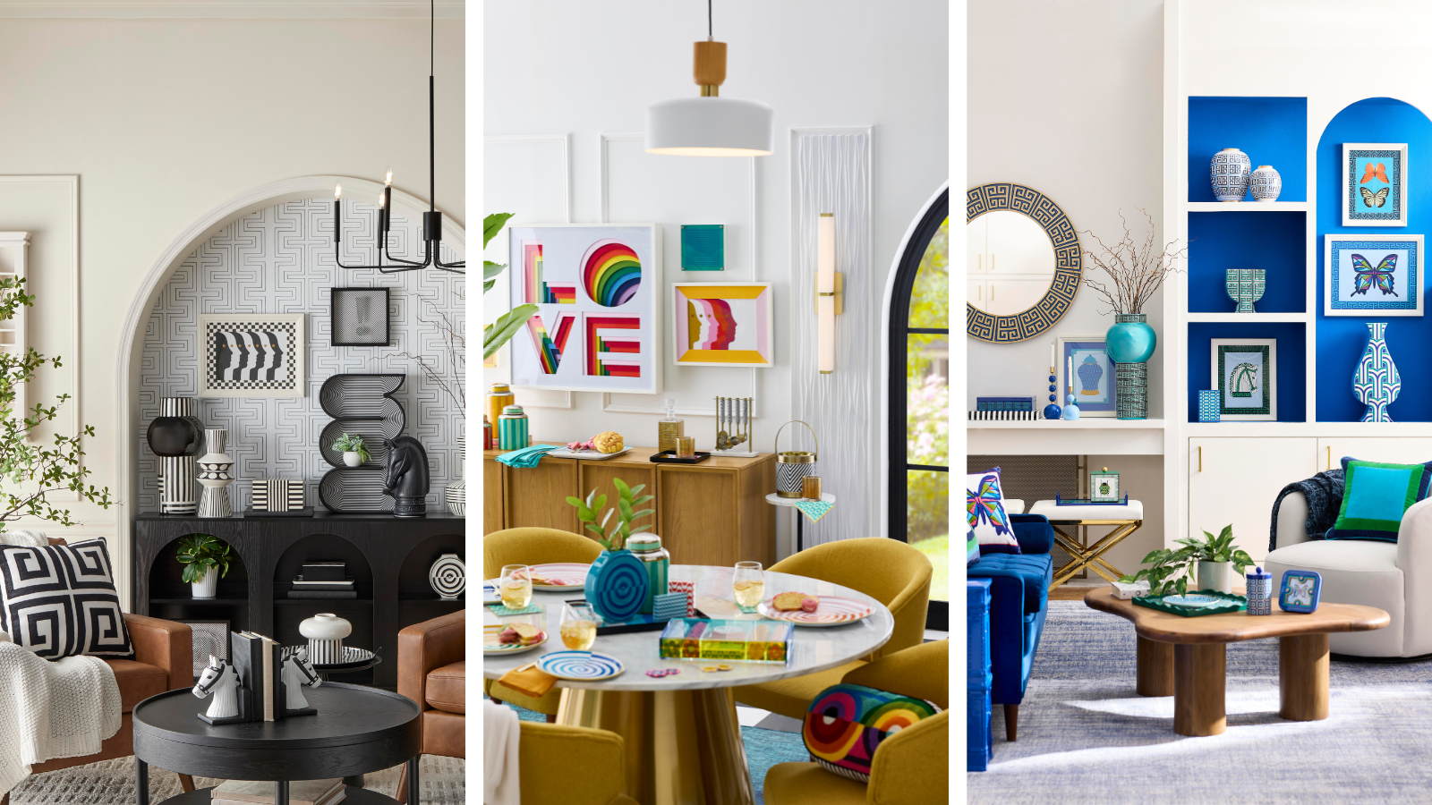 a set of three interior images of a living room, a dining room, and another living room with boldly colored decor designed by Jonathan Adler