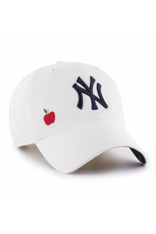 white yankee hat with small embroidered apple design