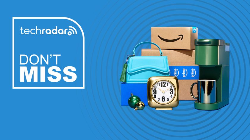 Tech products and Amazon packages piled up next to TechRadar Don&#039;t Miss badge