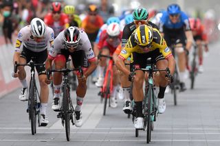 Dylan Groenewegen (Jumbo-Visma) beats UAE Team Emirates’ Fernando Gaviria to win stage 4 of the 2020 UAE Tour