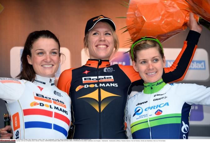 The 2014 podium of Lizzie Armitstead, Ellen van Dijk and Emma Johansson (Orica-AIS)