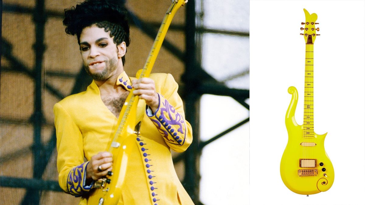 Prince performing onstage with his Cloud 3 guitar in 1992 (left), Prince&#039;s Cloud 3 guitar against a white background