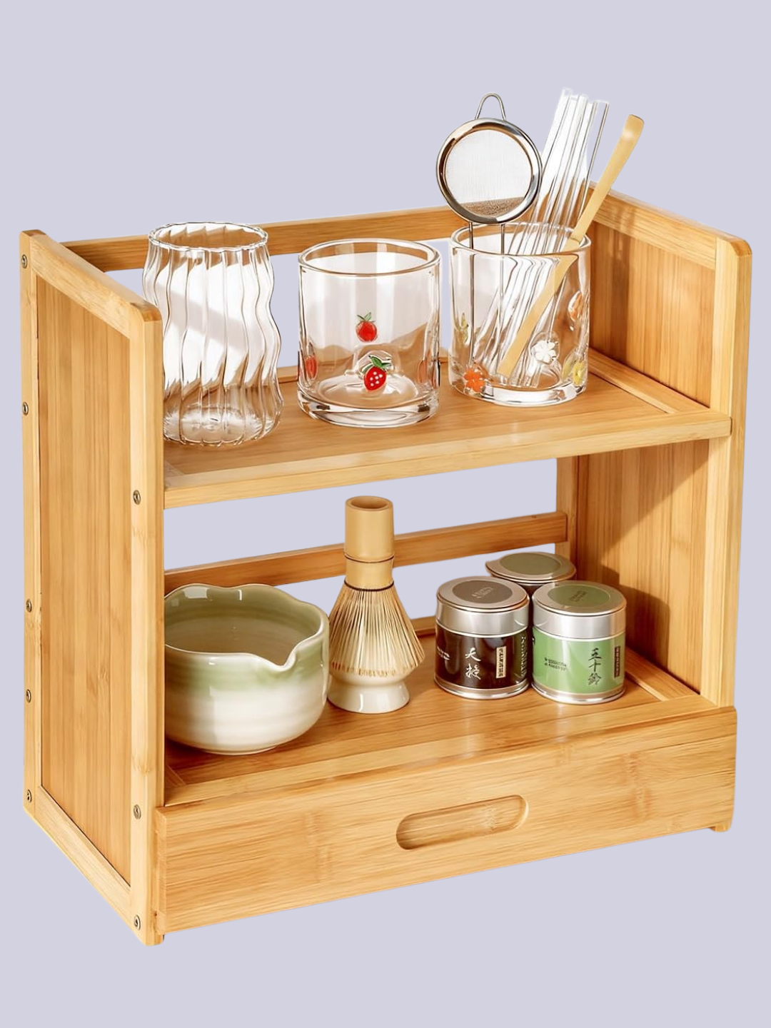A two-tiered wood matcha station organizer with a pull-out drawer from Amazon