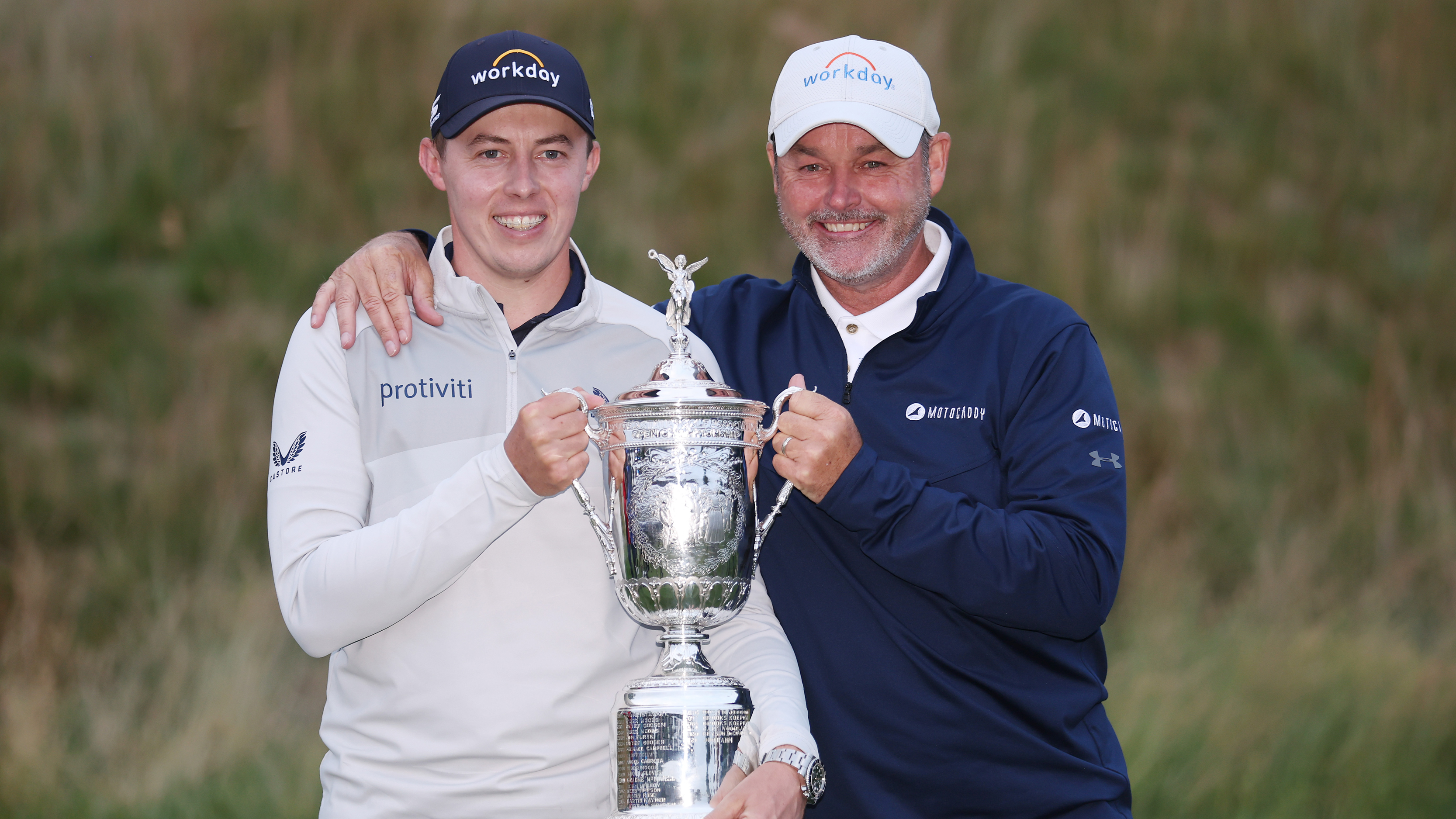 Matt Fitzpatrick and Billy Foster with the US Open trophy after winning the 2022 edition