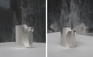 Two images of a silver square pourer