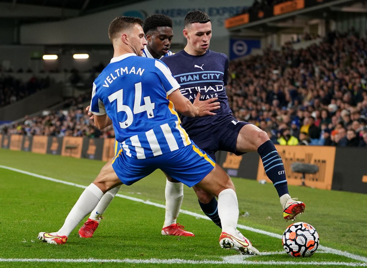 Phil Foden (right) shone in Manchester City&#039;s 4-1 win at Brighton (Gareth Fuller/PA).