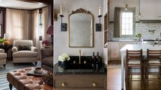 dark wood tones in interior designers projects including a cozy living room, bathroom vanity and dark kitchen island stools