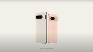 Pixel 8 in pink and Pixel 8 Pro in gold on beige background