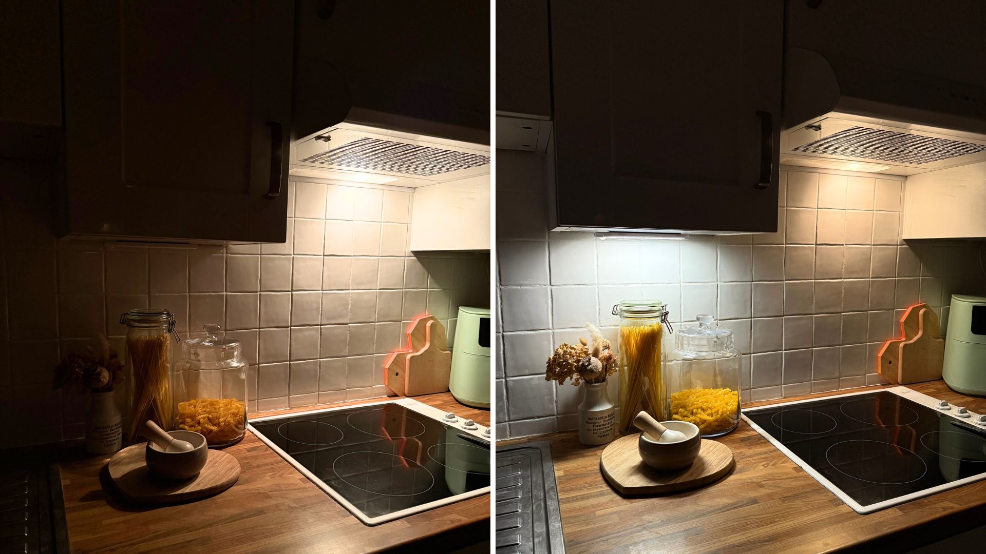 Split image of a kitchen by night showing under cabinet kitchen lights in use to elevate the scheme