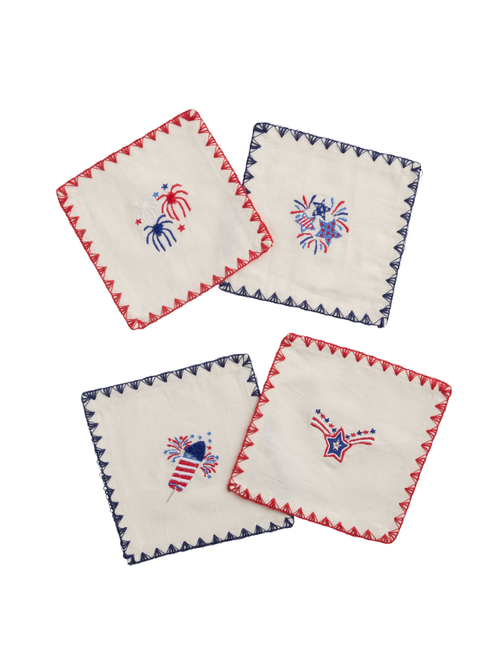 Red and Blue Americana Embroidered Cocktail Napkins 4 Pack