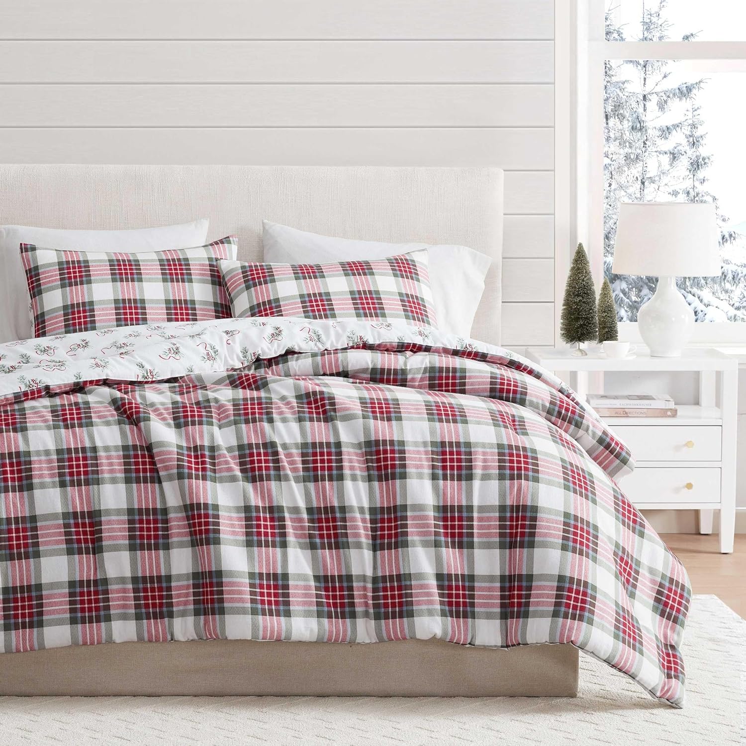 Martha Stewart - King Bedding Comforter Sets, Wonderfully Plush & Naturally Soft Cotton Flannel Bedding W/matching Pillowcases, 3 Piece Bed Sets (yuletide Spruce Plaid/holiday Ribbons Red)