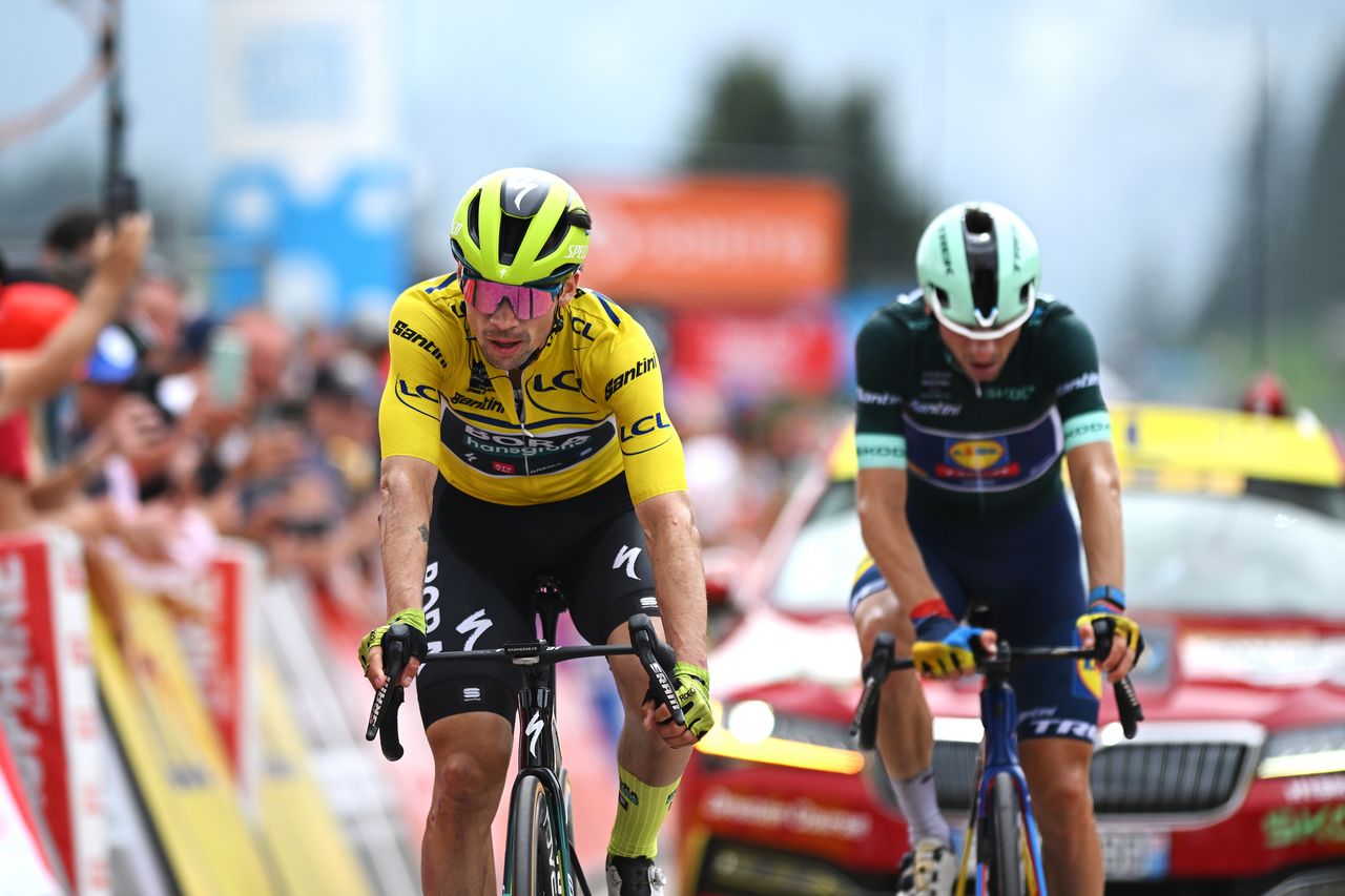 Primož Roglič at the finish of stage 8 of the Criterium du Dauphine