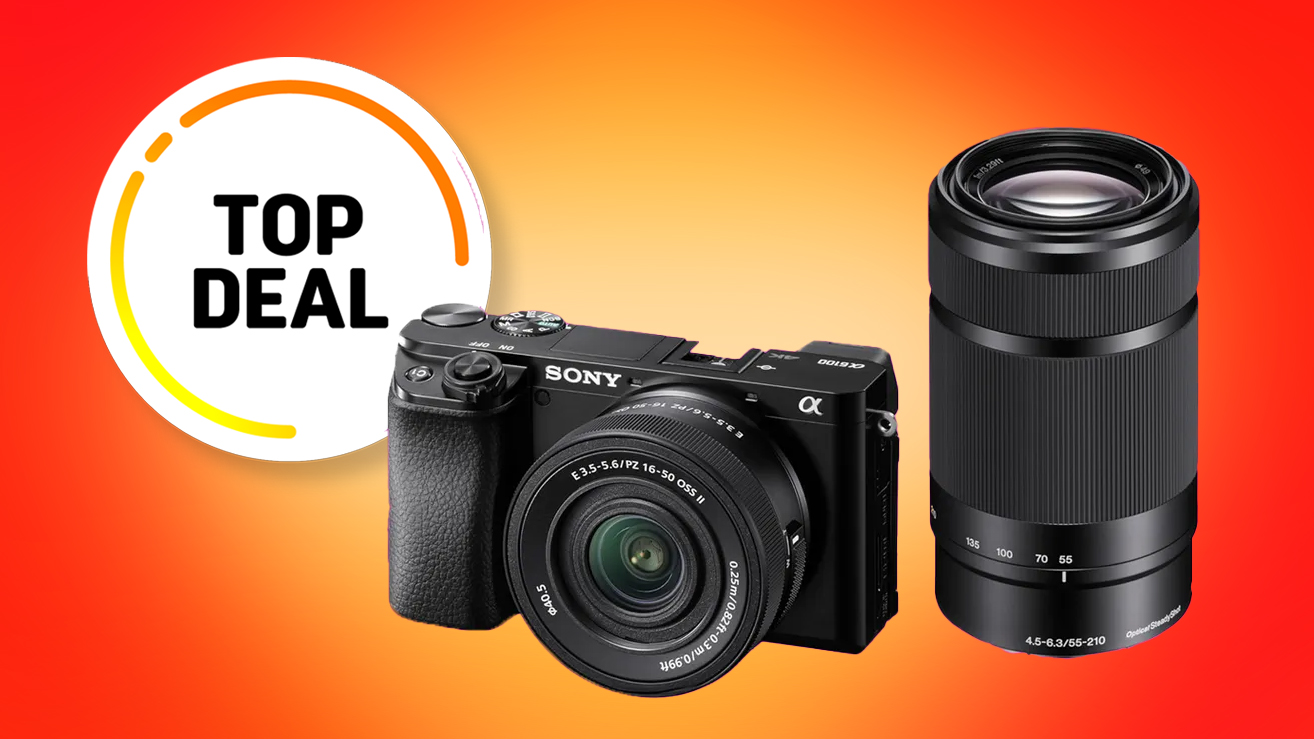 A Sony camera and lens on a vibrant red-orange background, labeled "Top Deal" in a circle. The image conveys excitement and value
