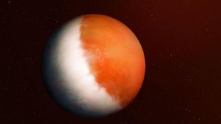 an orange-and-white planet on a background of stars