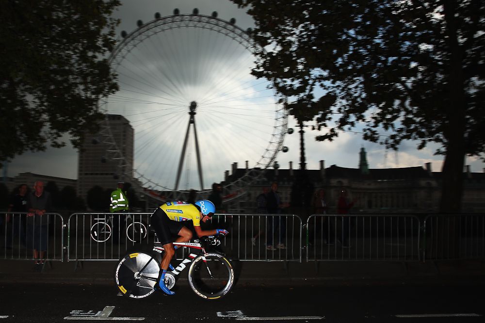 Race leader Dylan Van Baarle of The Netherlands and Garmin Sharp in action during stage 8a of the 2014 Tour of Britain, an 8.8km time trial around Whitelhall.