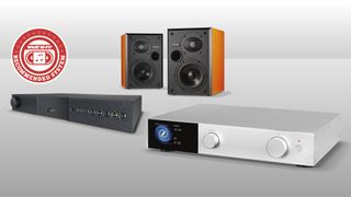 speakers, amplifier and streamer on a grey background