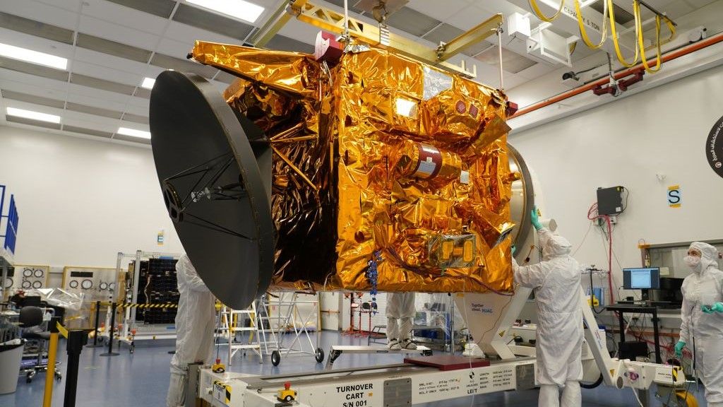 A view of the Hope spacecraft in a clean room before the mission's launch