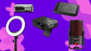 Streaming accessories including Elgato Facecam Pro, OSSC, Elgato HD60X, Streamplify ring light, and RODE X microphone with purple GamesRadar+ backdrop